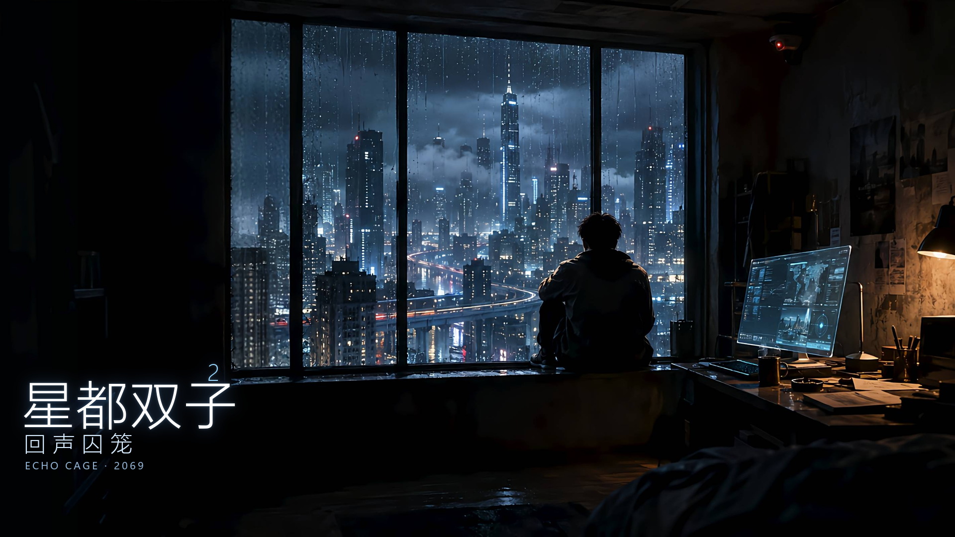 《星都双子2：回声囚笼》封面：雨夜里被铁栏切开的城市窗景